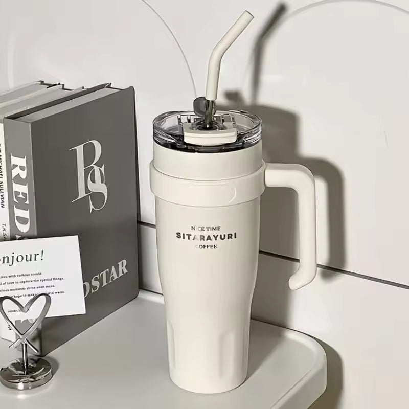 Large Capacity Stainless Steel Thermos Mug with Straw & Handle
