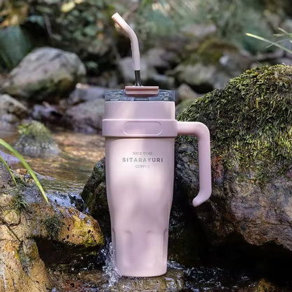Large Capacity Stainless Steel Thermos Mug with Straw & Handle