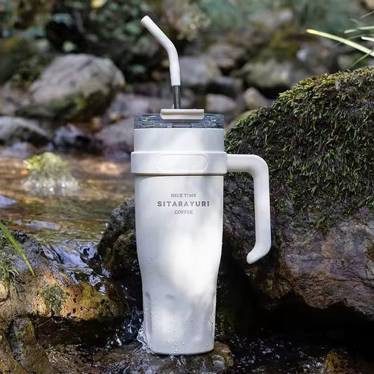 Large Capacity Stainless Steel Thermos Mug with Straw & Handle