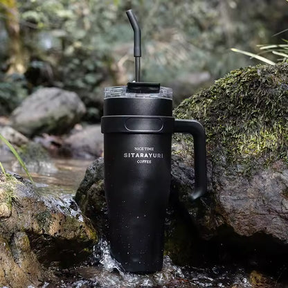 Large Capacity Stainless Steel Thermos Mug with Straw & Handle