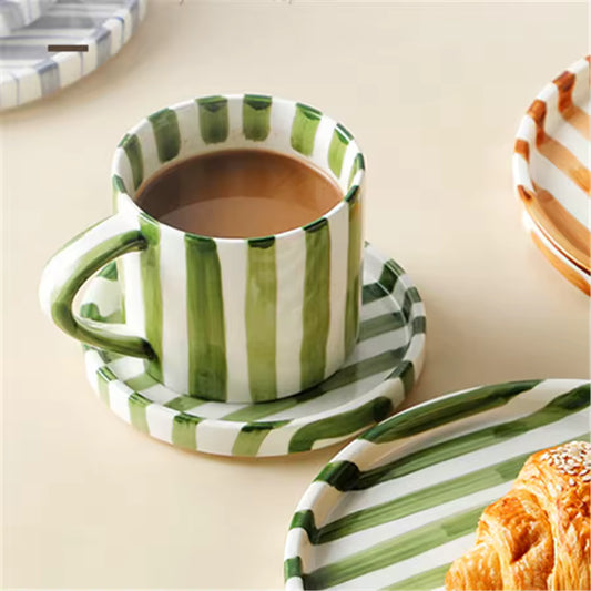 Striped Ceramic Coffee Cup and Saucer Set