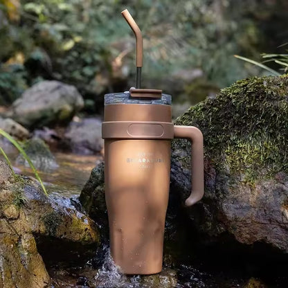 Large Capacity Stainless Steel Thermos Mug with Straw & Handle